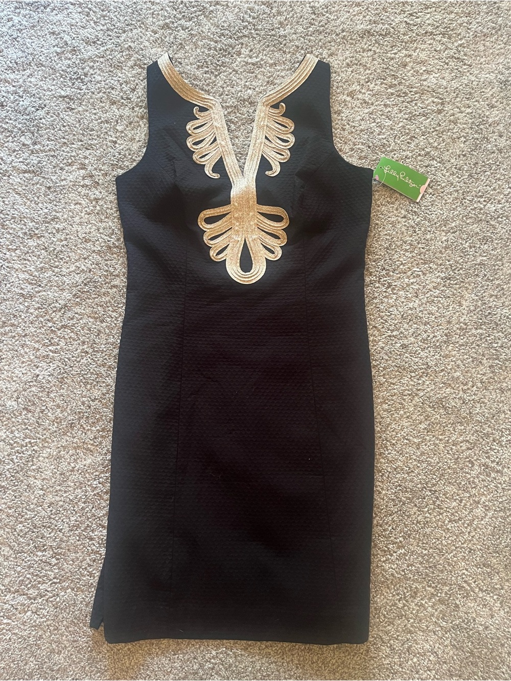 Lilly Pulitzer Black Sleeveless Sheath Dress with Gold Embellished V-Neck